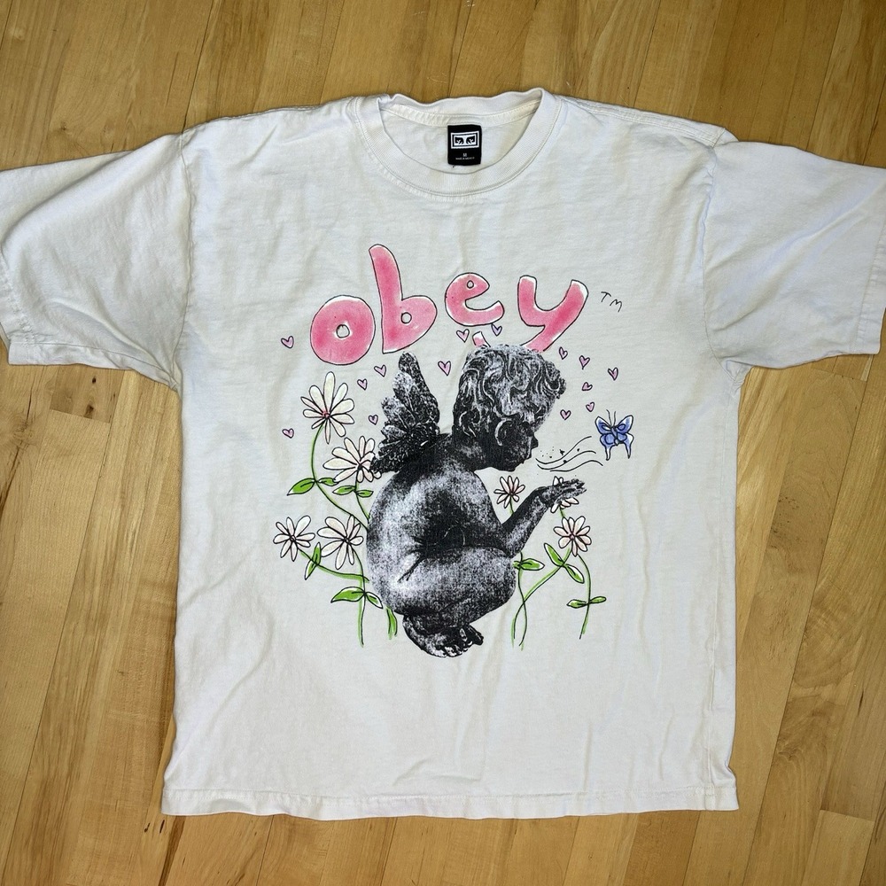 Obey Garden Fairy Tee Graphic T-shirt Medium‎ Unisex Pink Cherub Daisy Butterfly